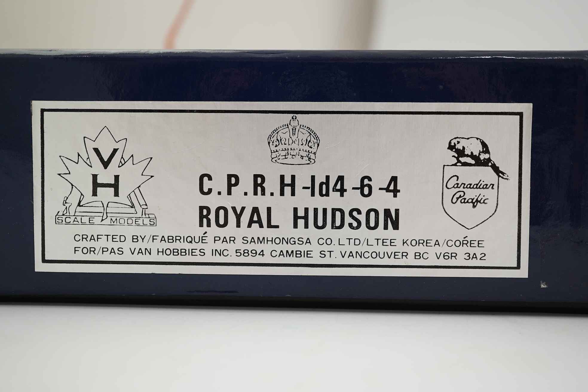A boxed HO gauge VH Scale Models model of Canadian Pacific Railway Royal Hudson H-1d, 2858, 4-6-4 locomotive with bogie tender, powered for two rail operation.